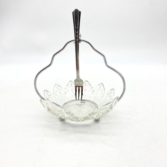 Vtg Seafood Server Glass Dish Scallop Edges Stainless‎ Fork Handle Relish Dish - Picture 1 of 13